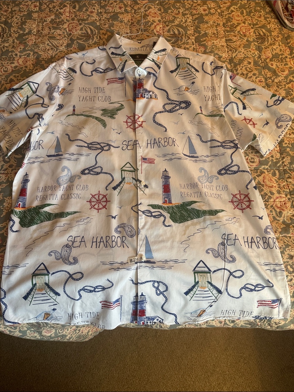 Hart Schaffner Marx White Nautical Print Short-Sleeve Shirt/XL
